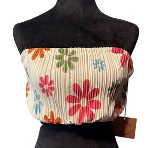 New Bailey Rose Bright Boho Funky‎ Floral Pleated Tube Top Multi Color Size M
